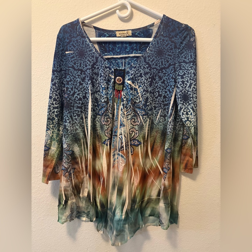 Two -  One World Women's Large Shirts Multicolor Studded Sublimation Boho - Picture 2 of 12